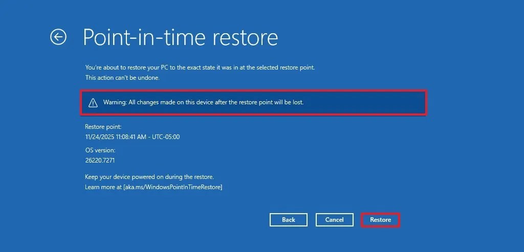 Windows 11 Point-in-time Restore complete process