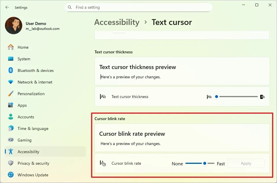 Cursor blink rate setting