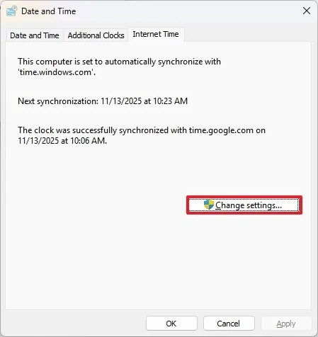 Date and time change settings