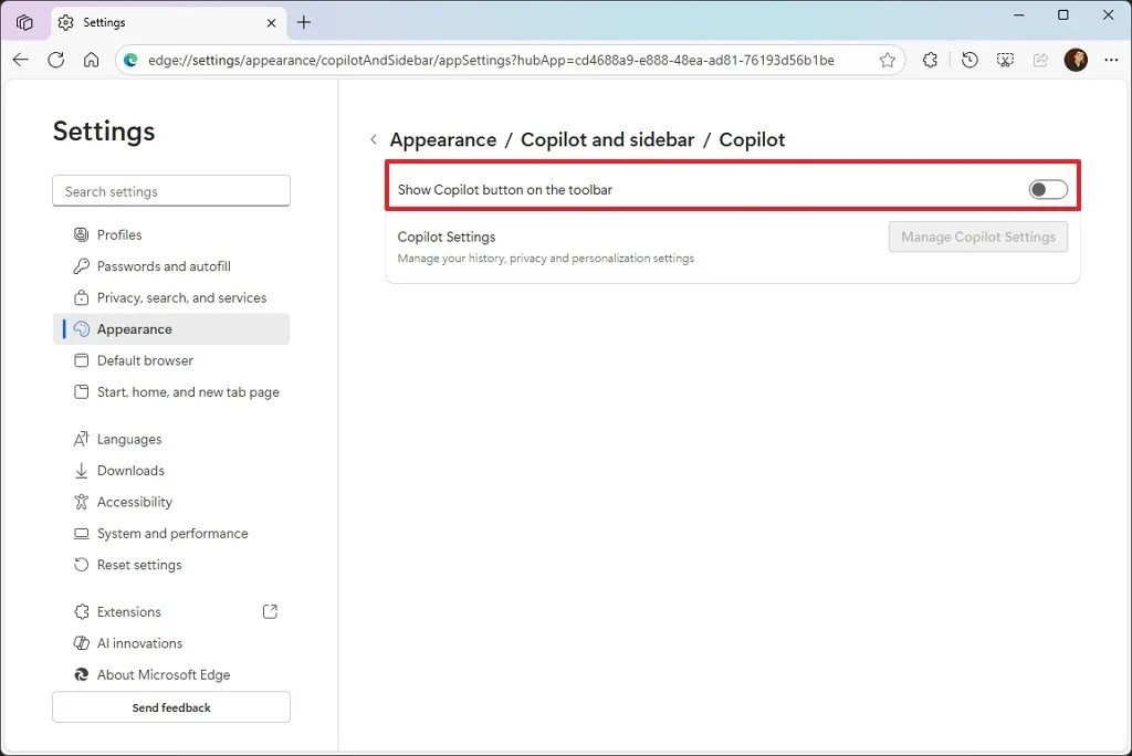 Disable Copilot button in Edge