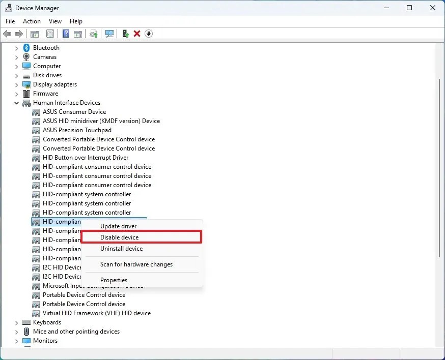 Device Manager disable touchscreen