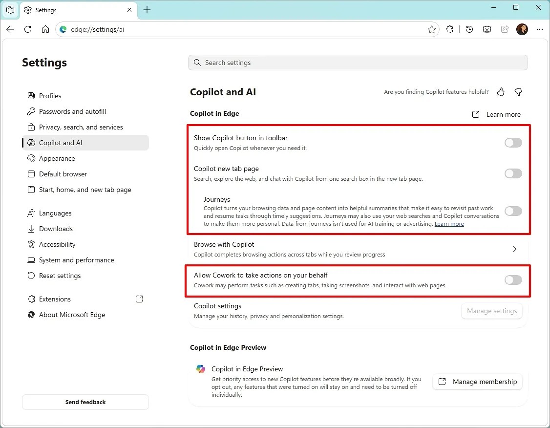 Edge Copilot and AI settings disabled