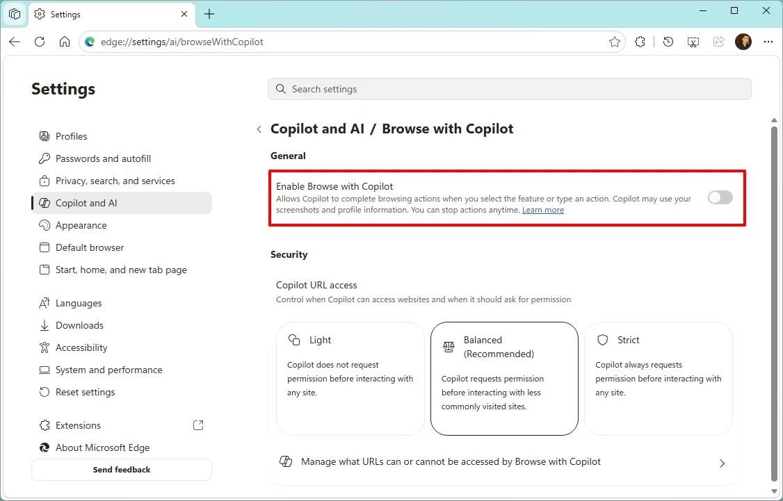 Browse with Copilot option disabled