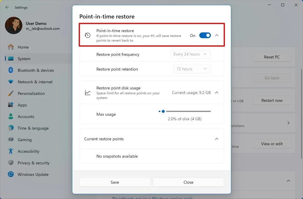Enable Point-in-time feature