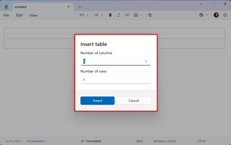 Notepad insert table manually