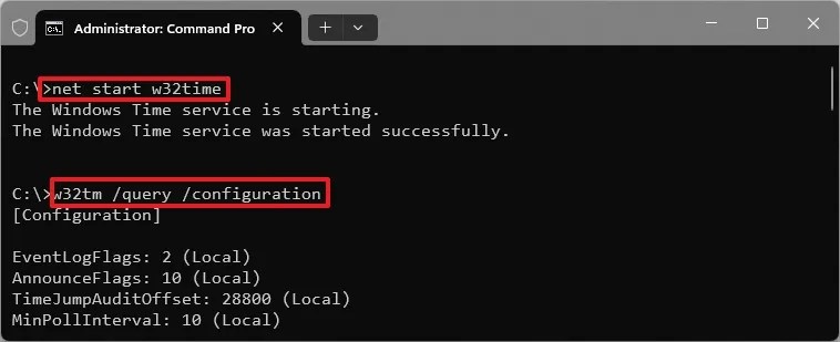 Command Prompt net start w32time 