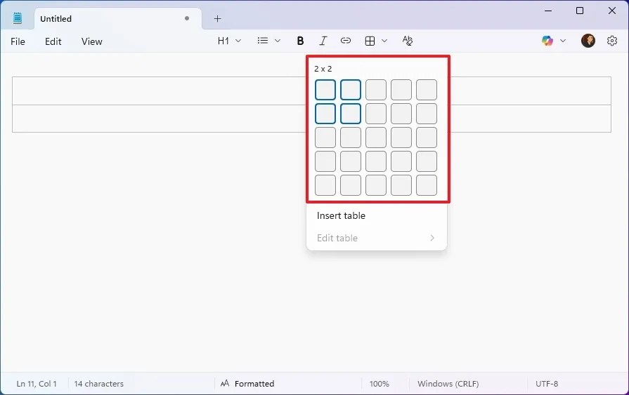 Notepad create table menu