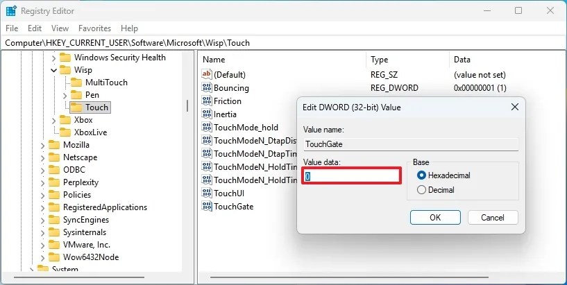 Registry disable touchscreen