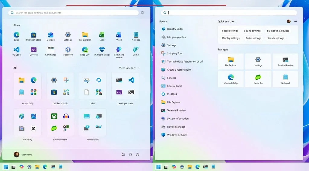 Start menu and Windows Search same height