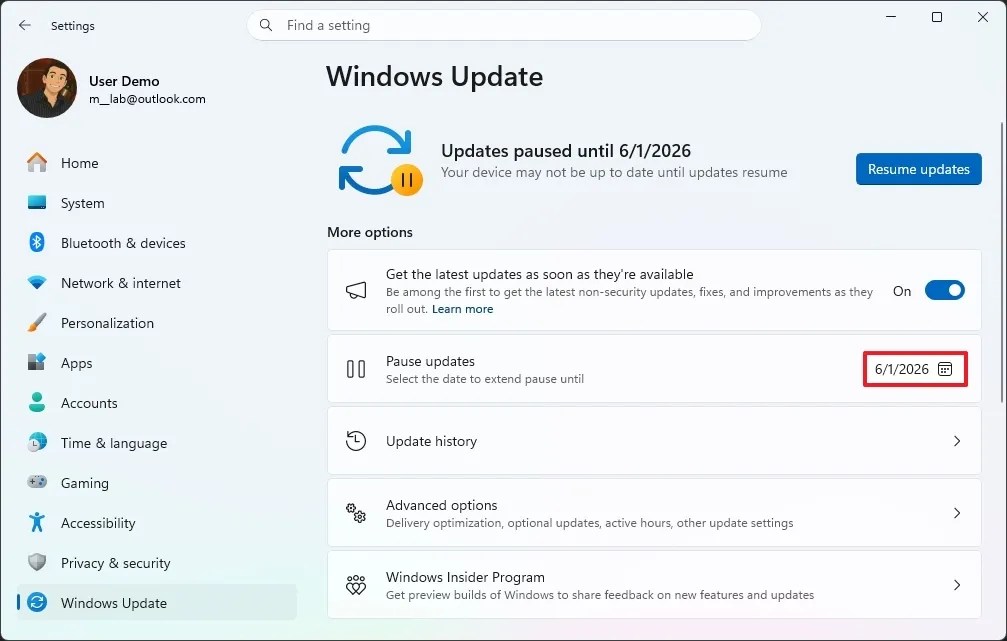 Windows 11 pause updates calendar setting