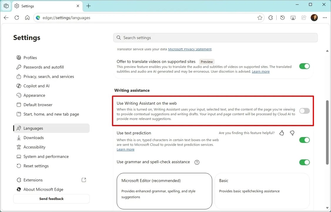 Use Writing Assistant on the Web disabled