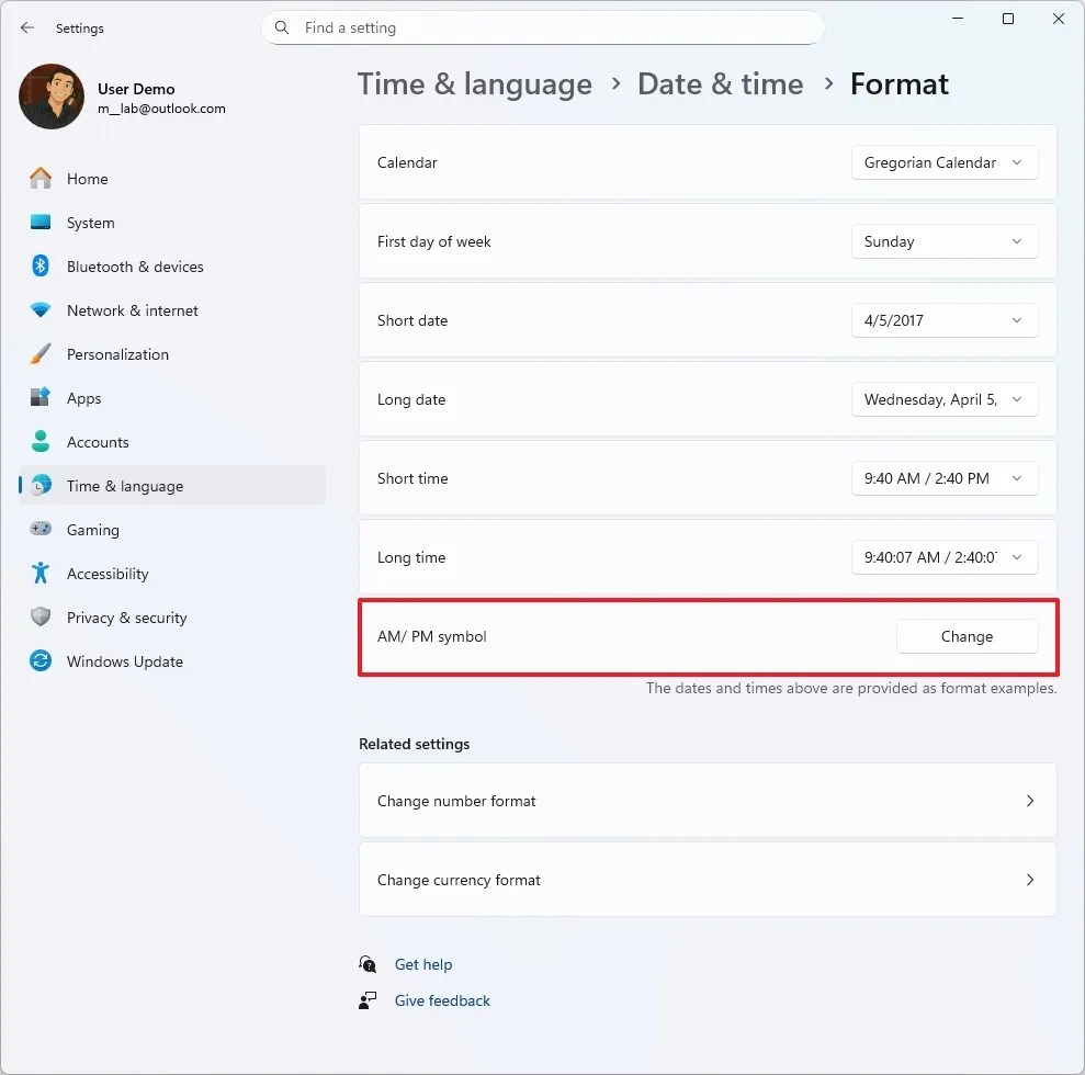 Date and time format settings