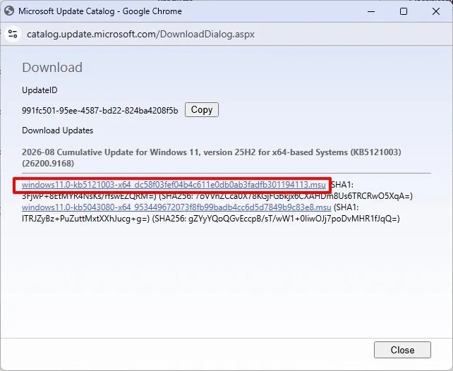 Microsoft Update Catalog download packages