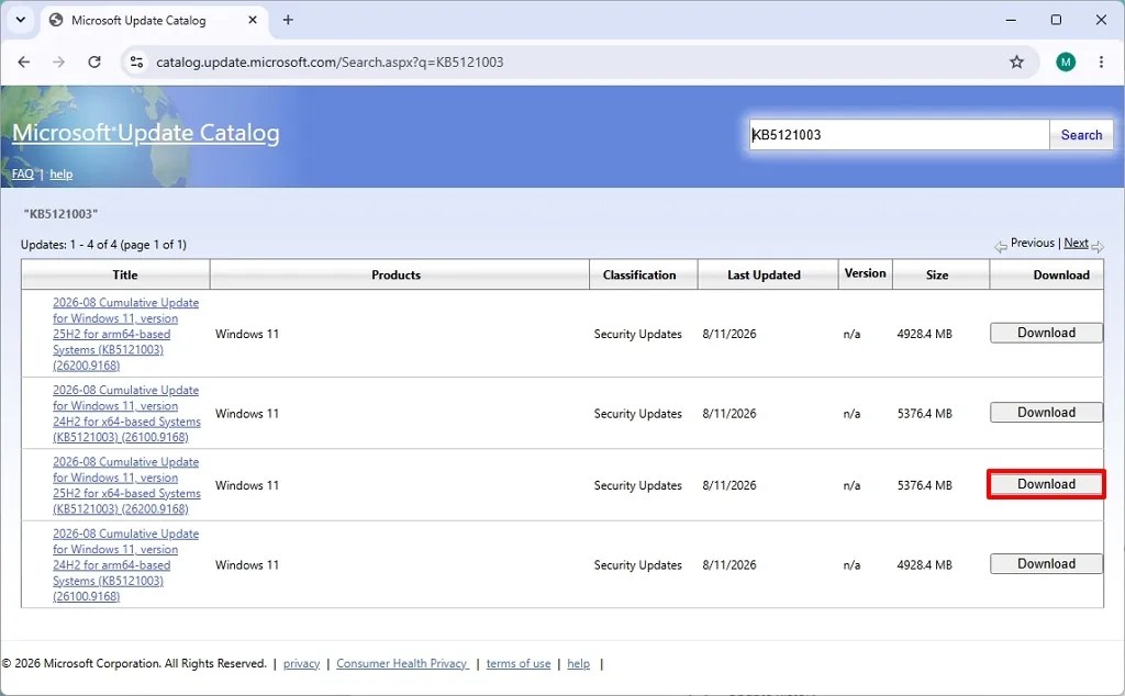 Microsoft Update Catalog download