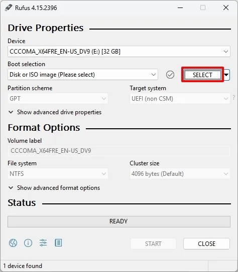 Rufus open Windows 11 ISO file
