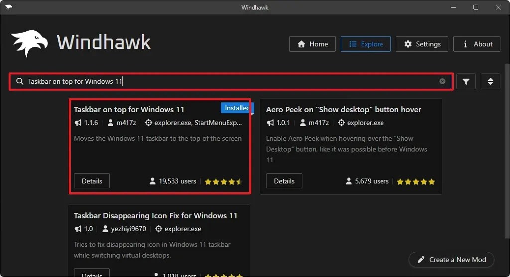 Windhawk search Taskbar on top for Windows 11