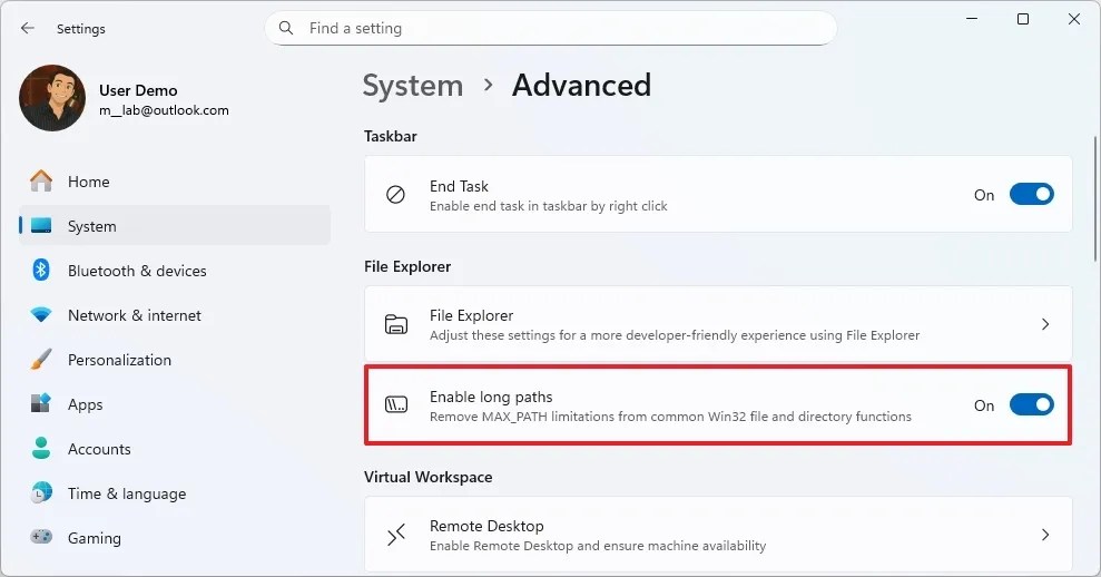 Enable Long Paths option