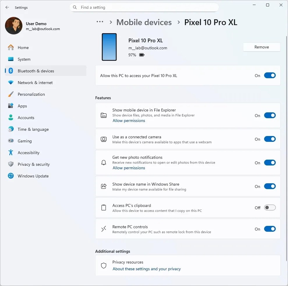 Mobile Devices settings