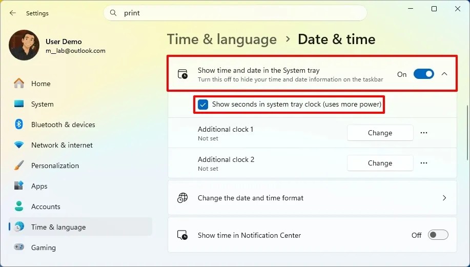 Taskbar clock show seconds from Date & time page