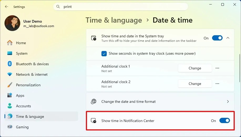 Show time in Notification Center setting
