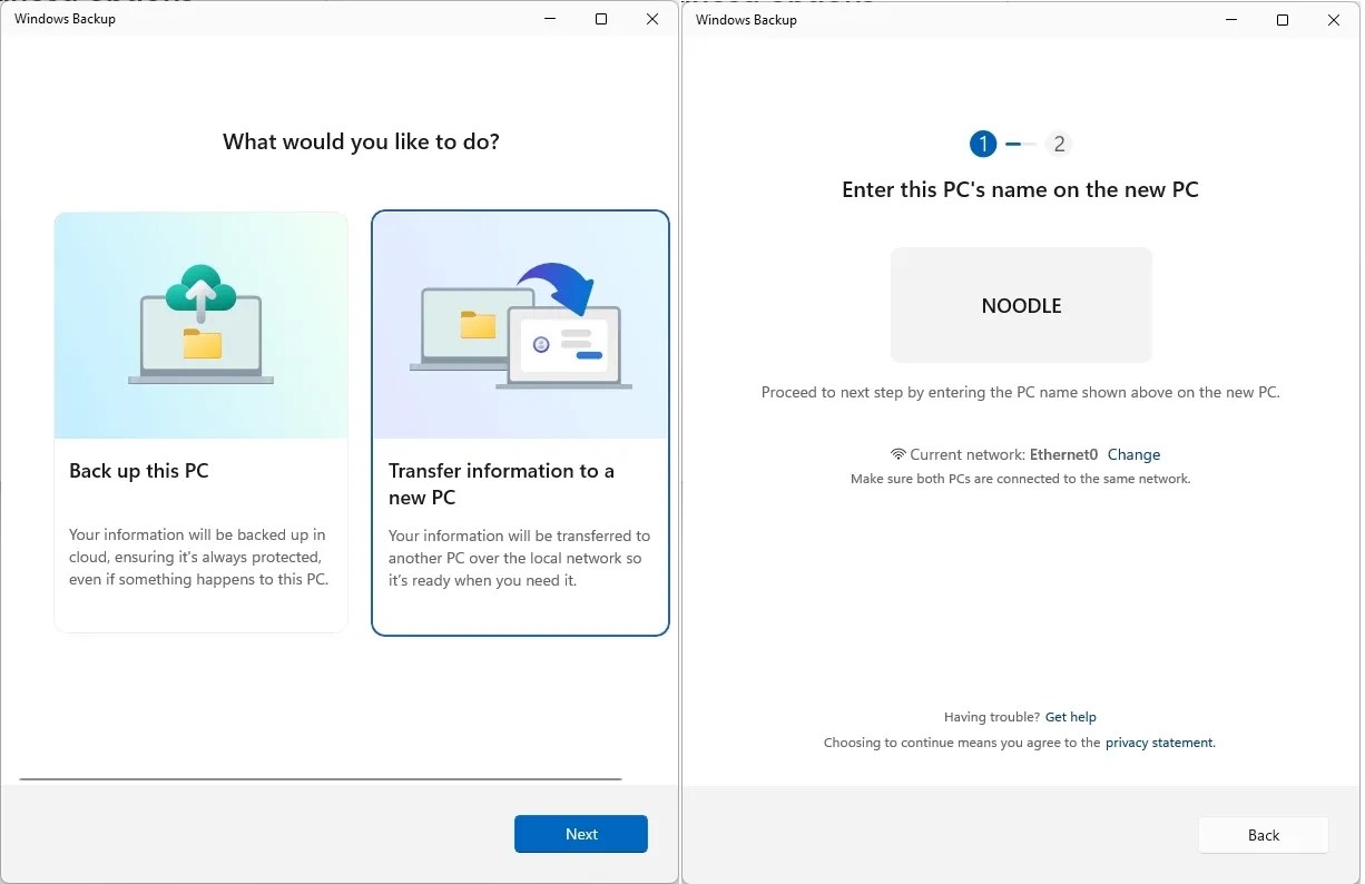 Windows Backup Transfer information to a new PC