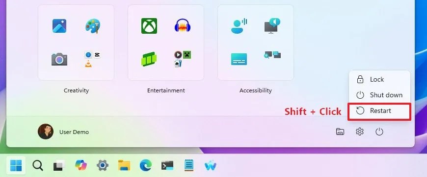 Start menu Shift + Restart shortcut