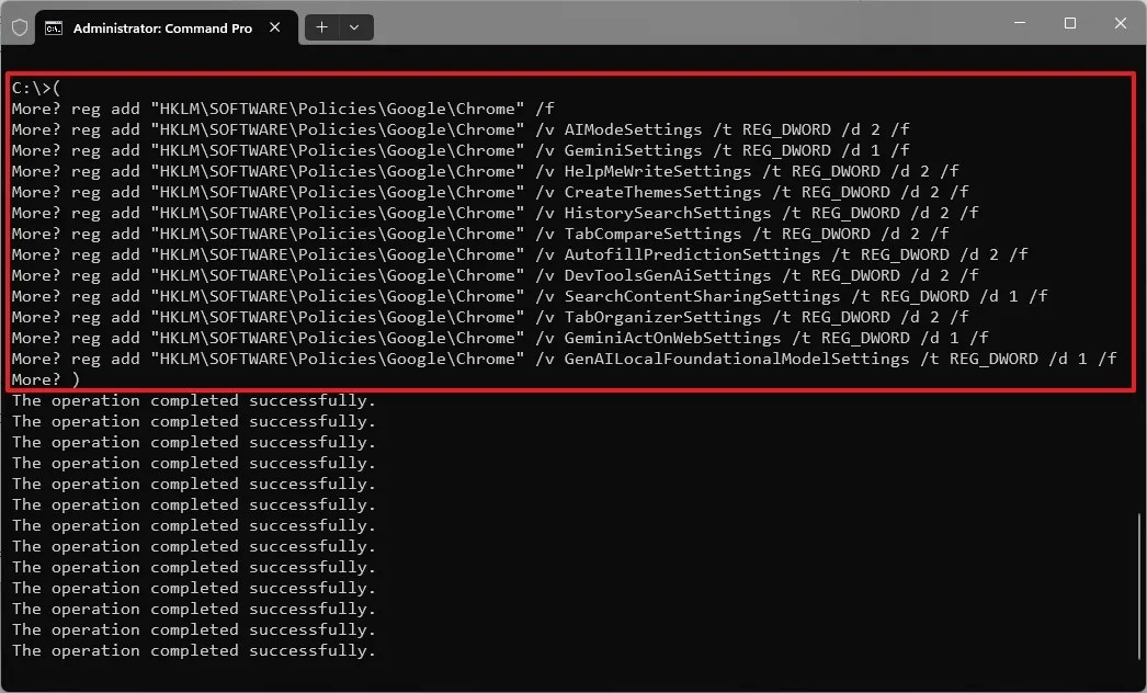 Command Prompt disable Chrome AI features