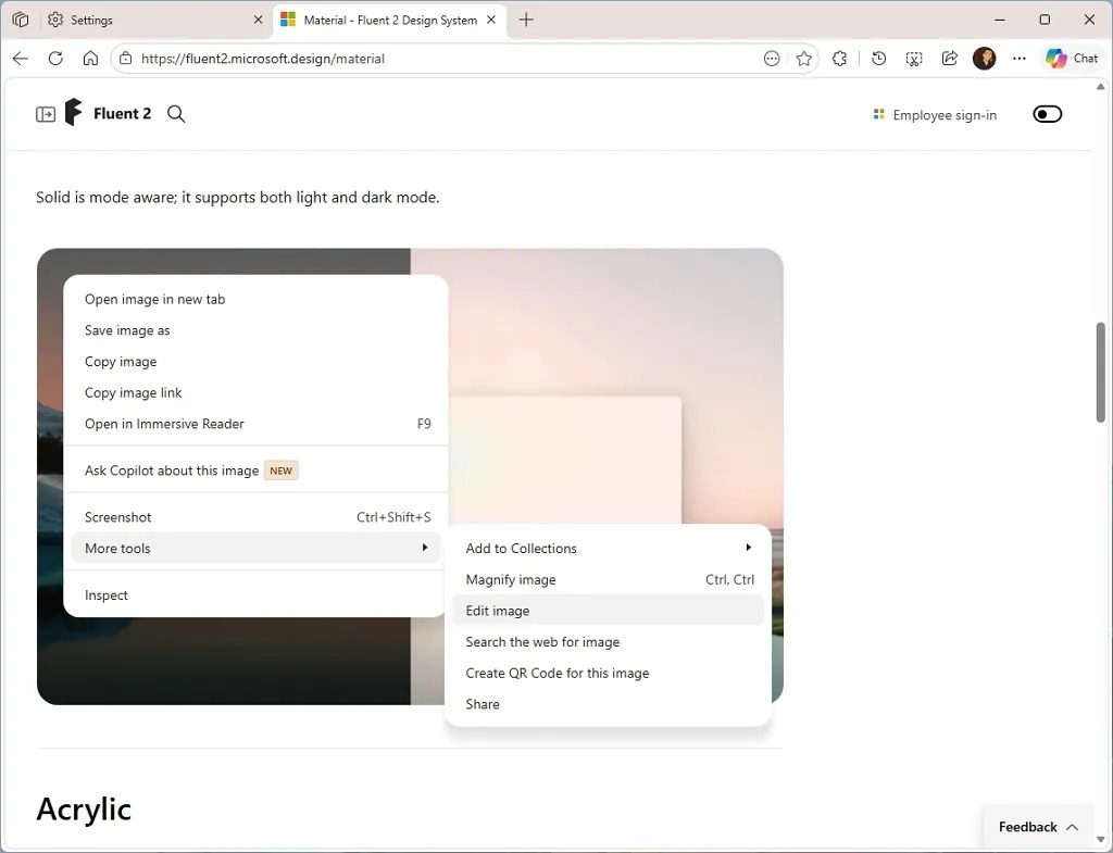 Edge menus with Copilot UI