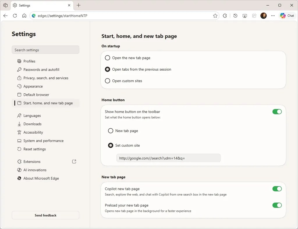 Edge settings with Copilot UI