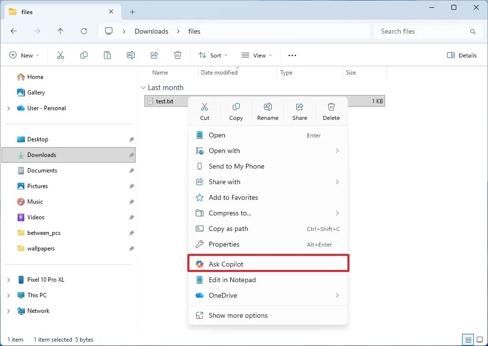 File Explorer context menu with Copilot