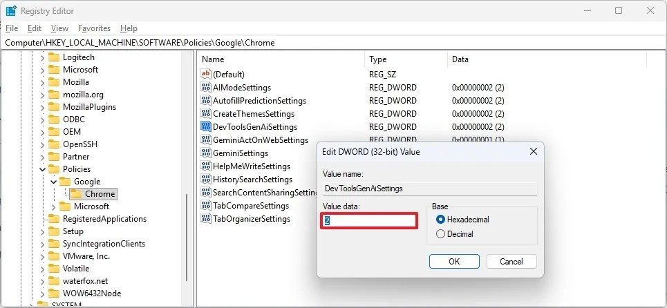 Chrome Registry disable DevTools AI