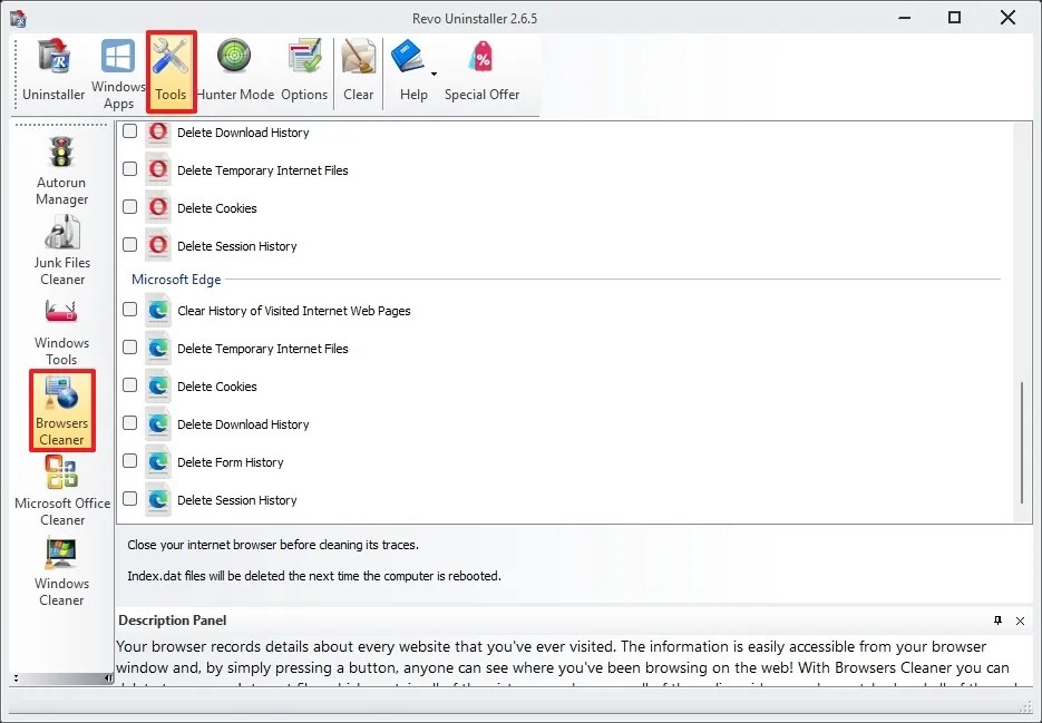Revo browsers cleaner
