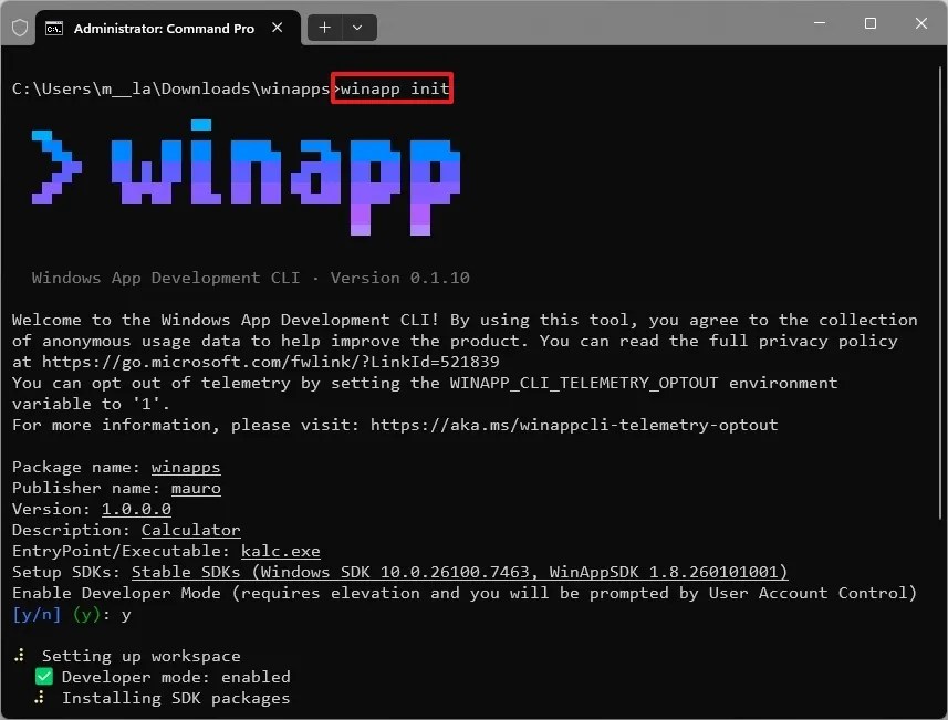 winapp init command