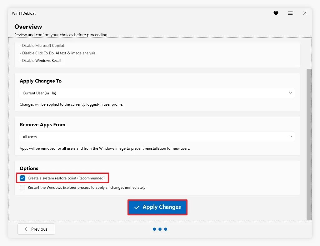 Win11Debloat apply changes