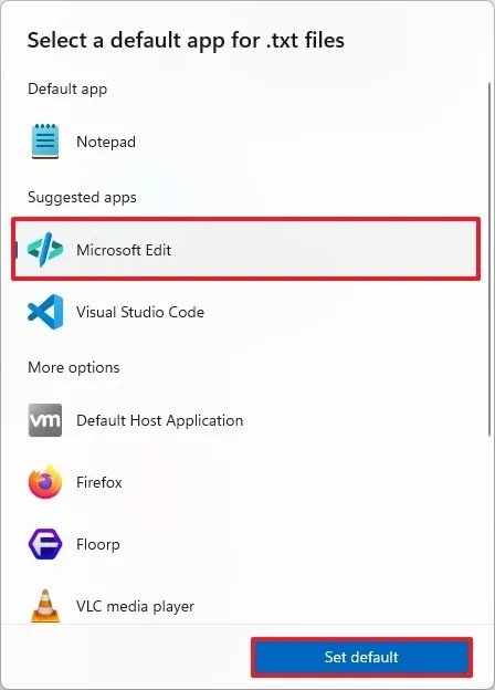 Windows 11 set Microsoft Edit default for text files