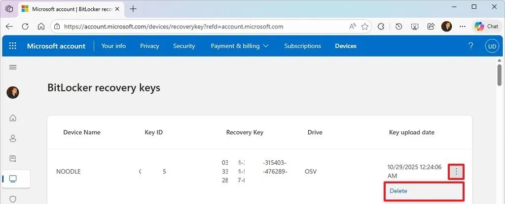 Delete BitLocker recovery key