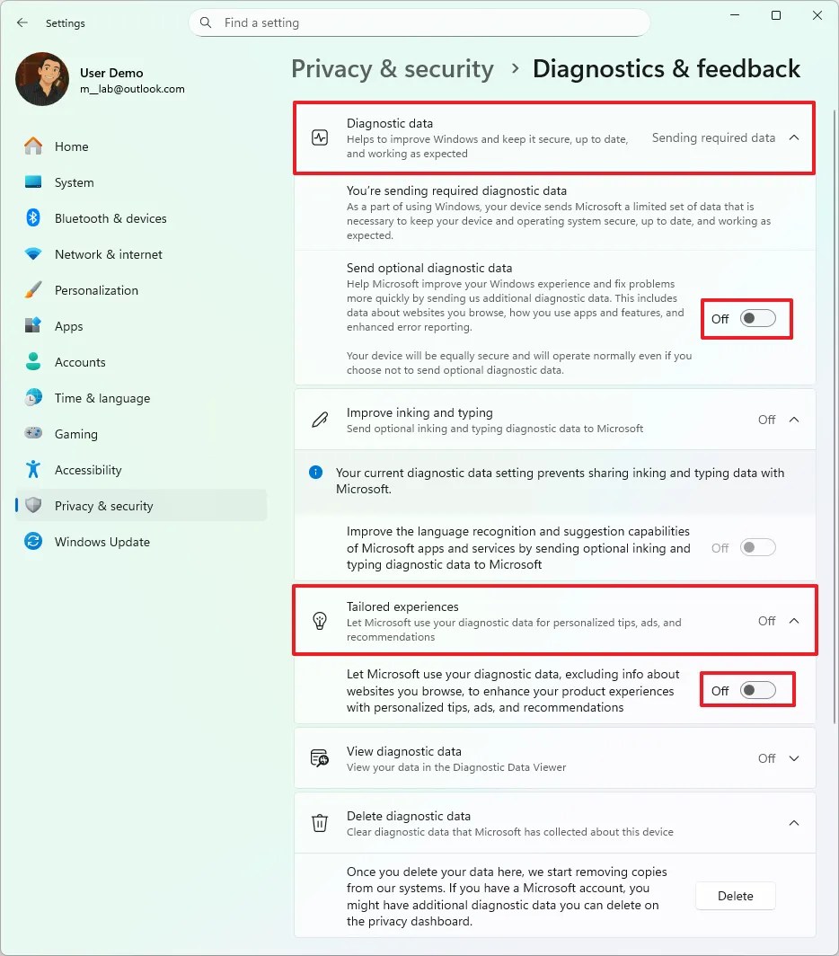 Disable Send optional diagnostic data
