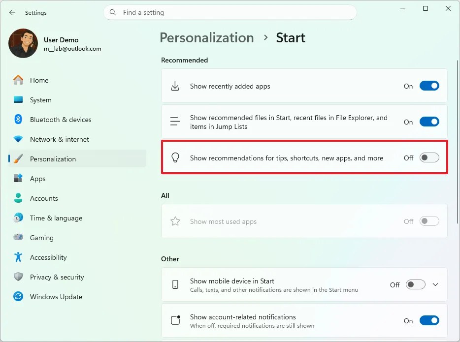 Start disable recommendations