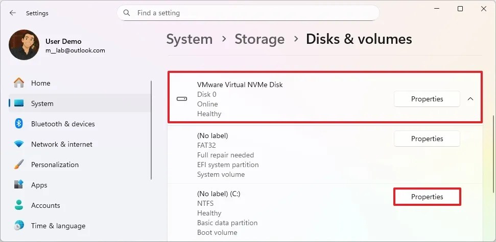 Settings app drive properties