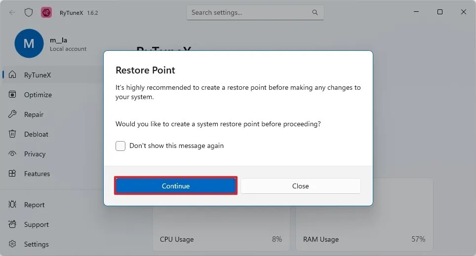RyTunex create restore point