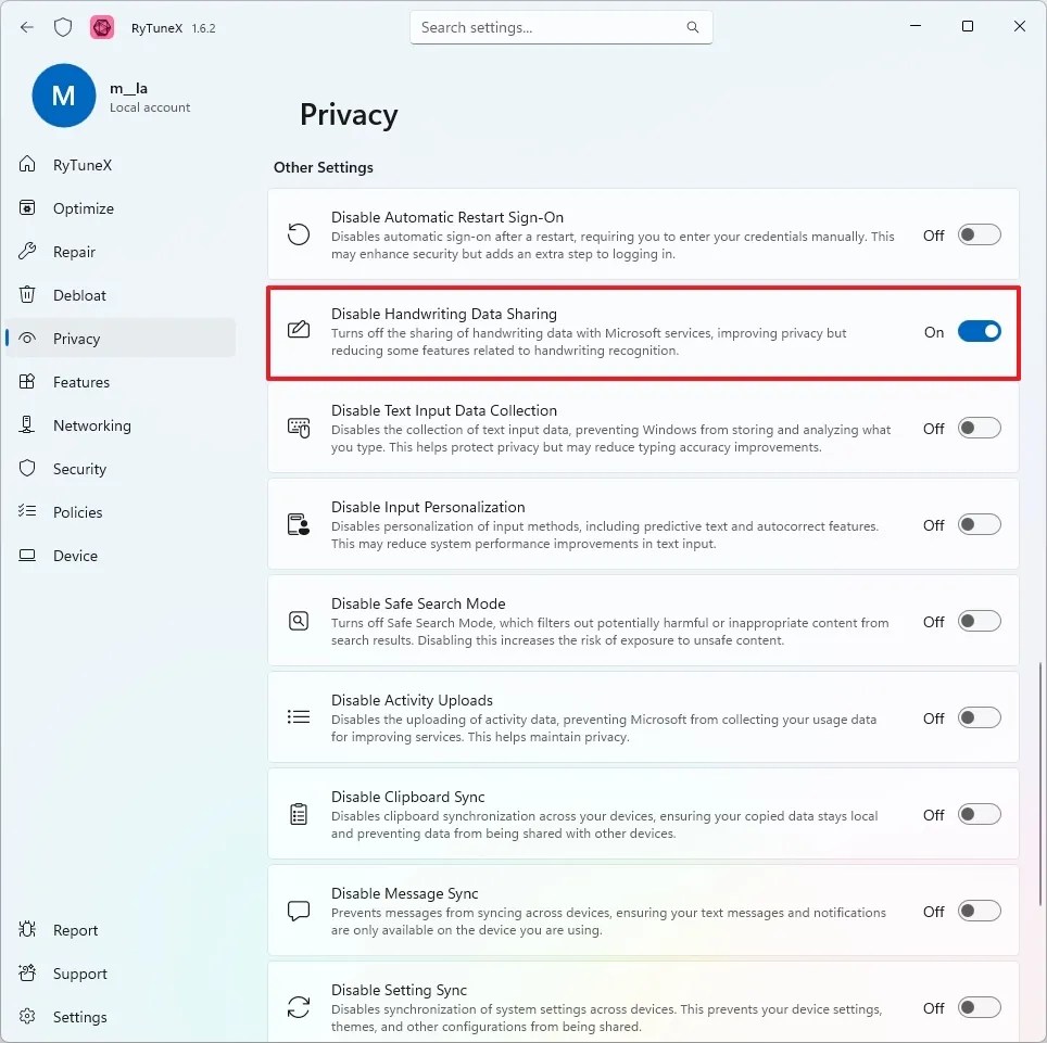 RyTuneX disable sharing data