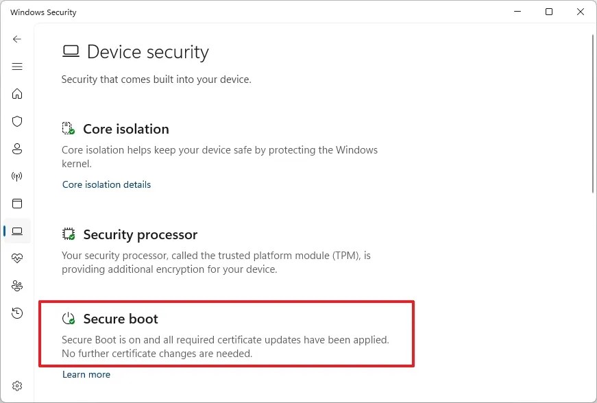 Secure Boot green icon and certs applied