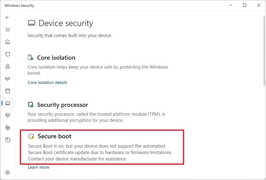 Secure Boot yellow icon and certs pending
