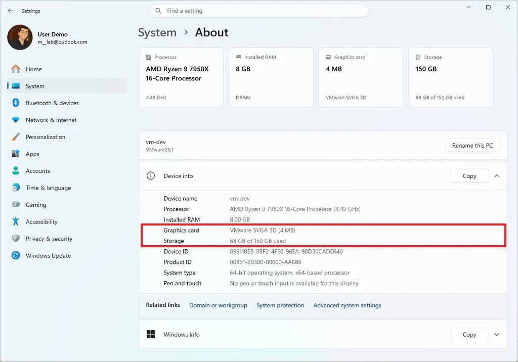 Settings About new GPU and Storage info