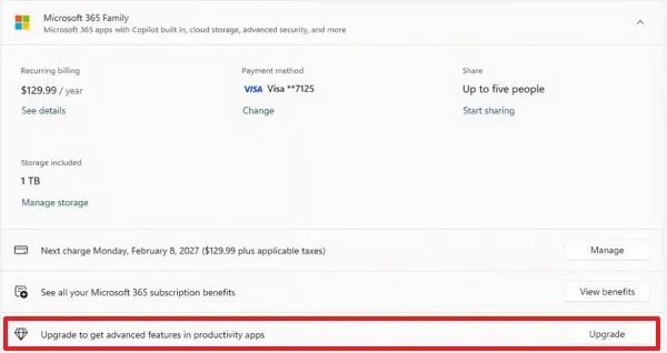 Microsoft 365 new upgrade button