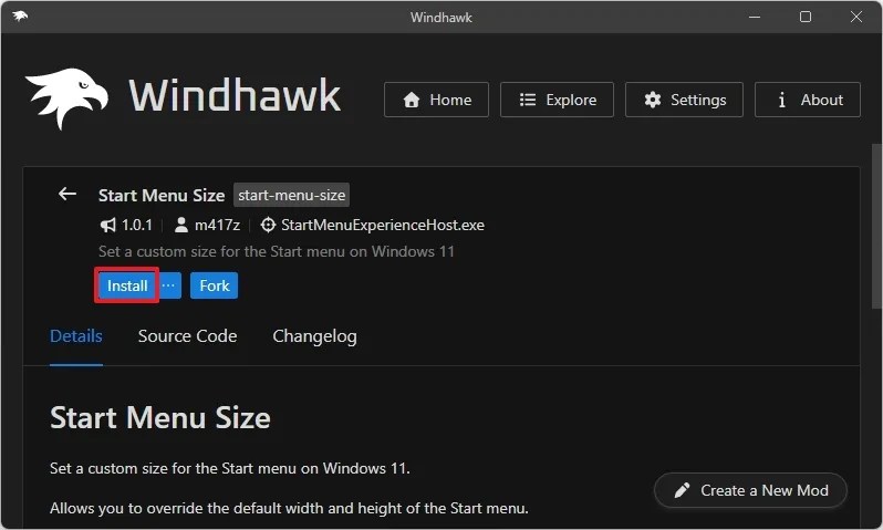 Start Menu Size mod install