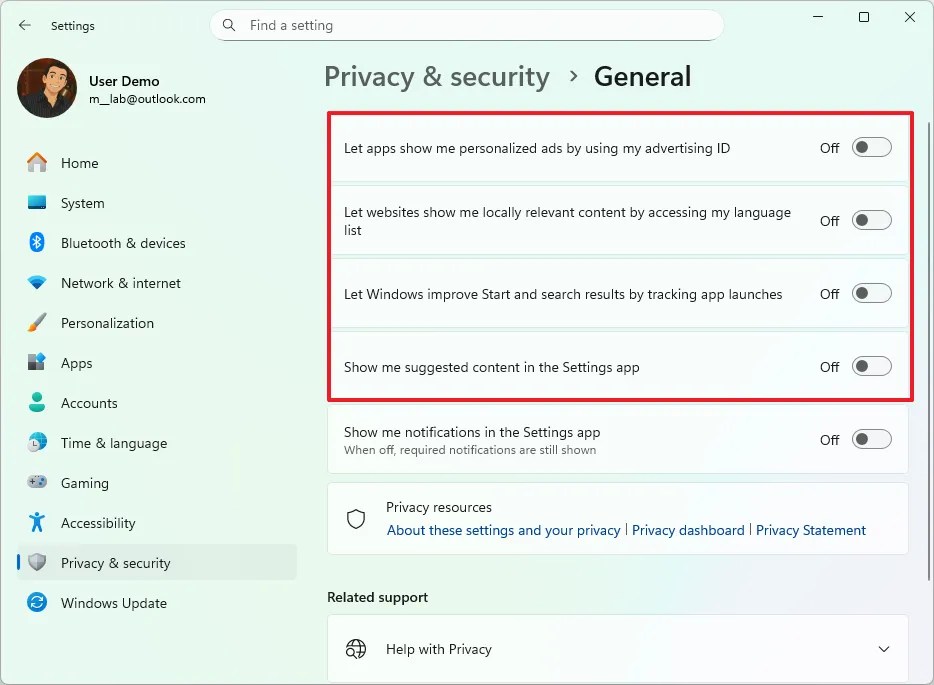 Disable  advertising ID on Windows 11
