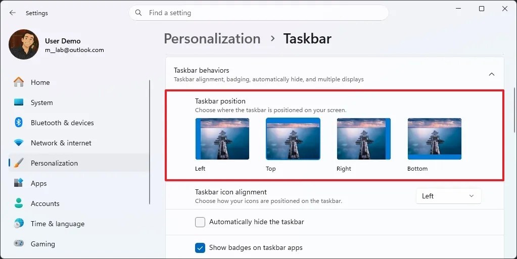 Taskbar positioning setting