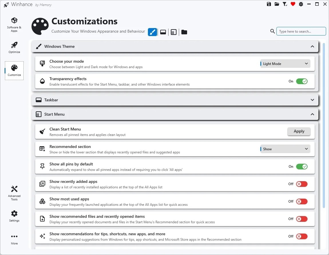 Winhance customization settings for Windows 11