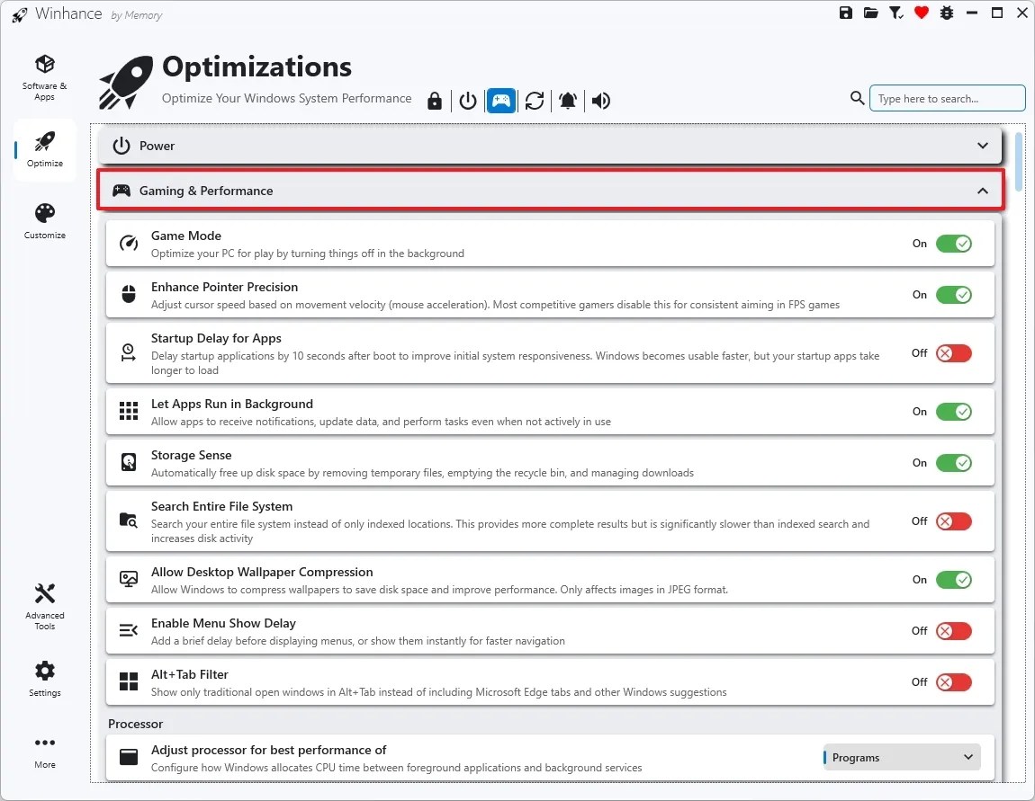 Winhance gaming and performance settings